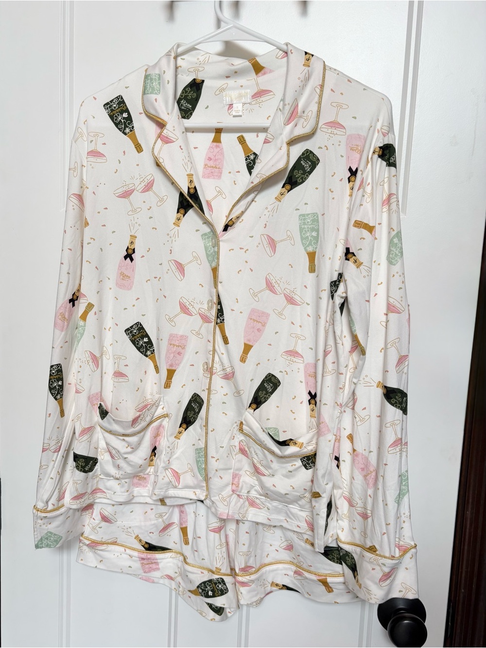 Cream Champagne Print Pajama Top with Pink & Green Accents